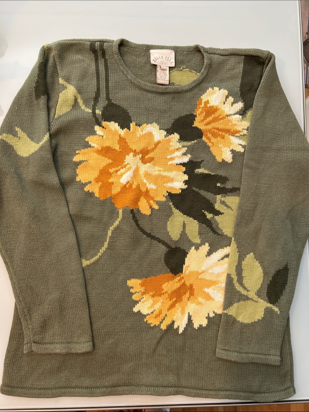 Vintage gorgeous thick cotton ramie sweater flowers Belle Isle